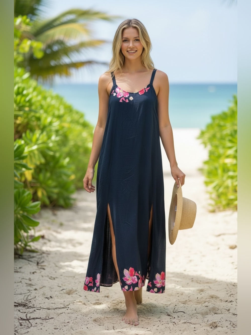 Maaji Navy Pink Floral Tropical Adjustable Strap Maxi Side Slit Swim Cover Dress